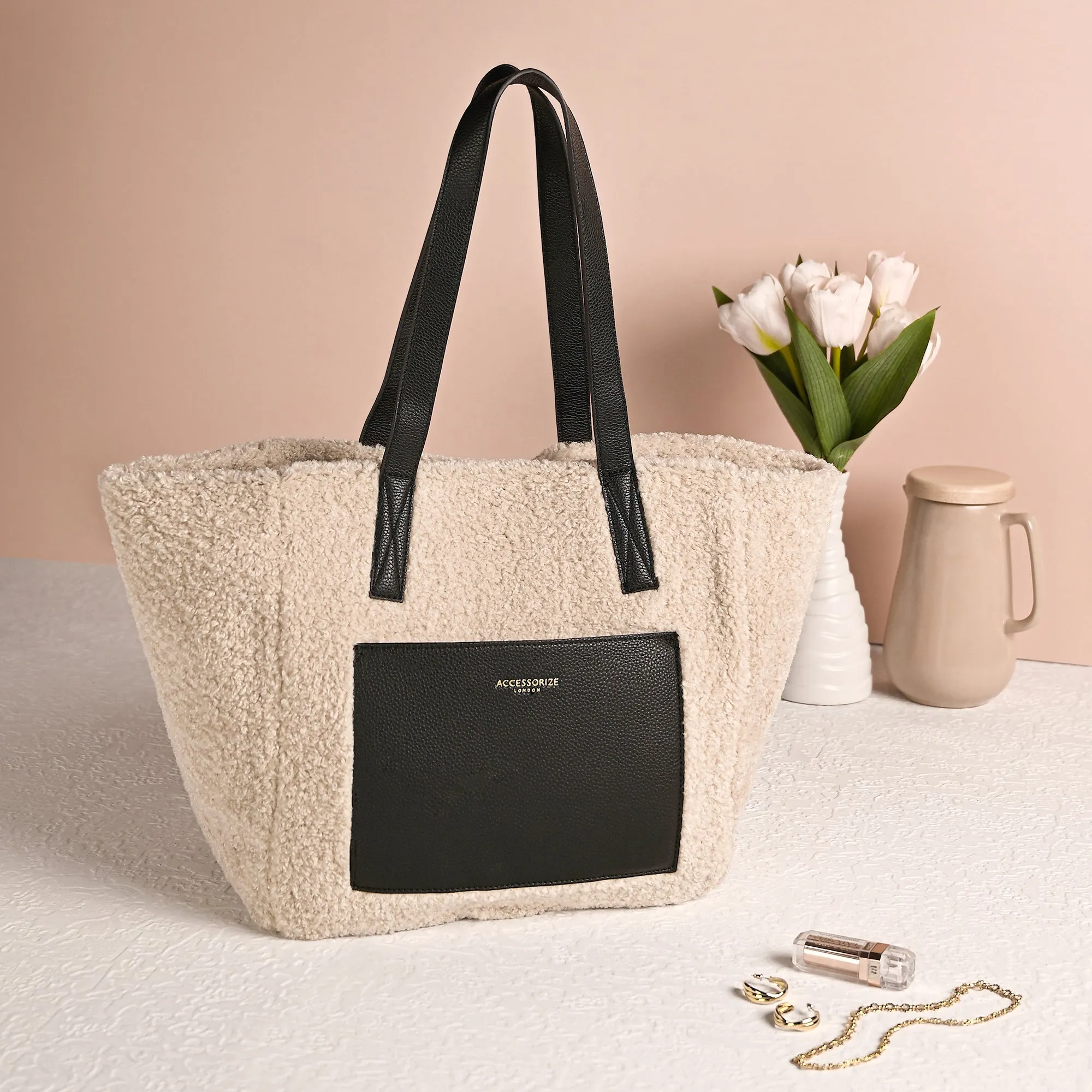 Accessorize London Women's Cream Faux Shearling Tote Bag