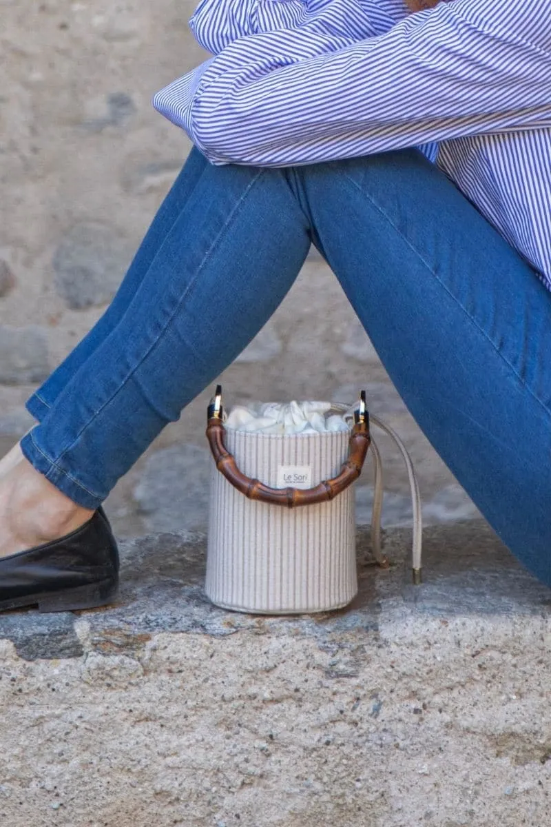 BEIGE MAIA LEATHER AND FABRIC BUCKET BAG