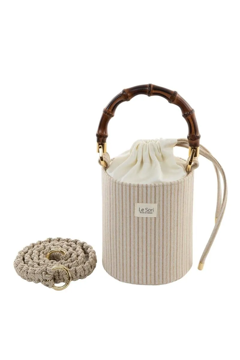 BEIGE MAIA LEATHER AND FABRIC BUCKET BAG