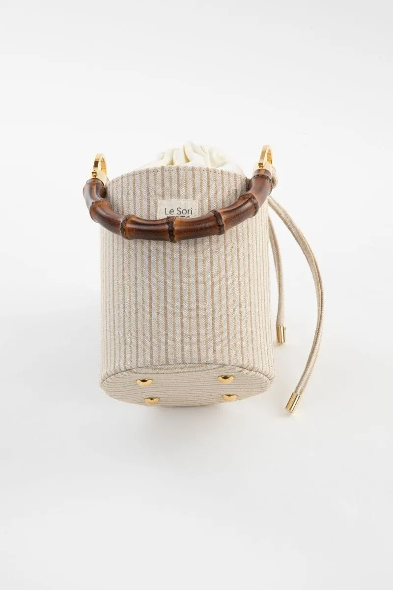 BEIGE MAIA LEATHER AND FABRIC BUCKET BAG