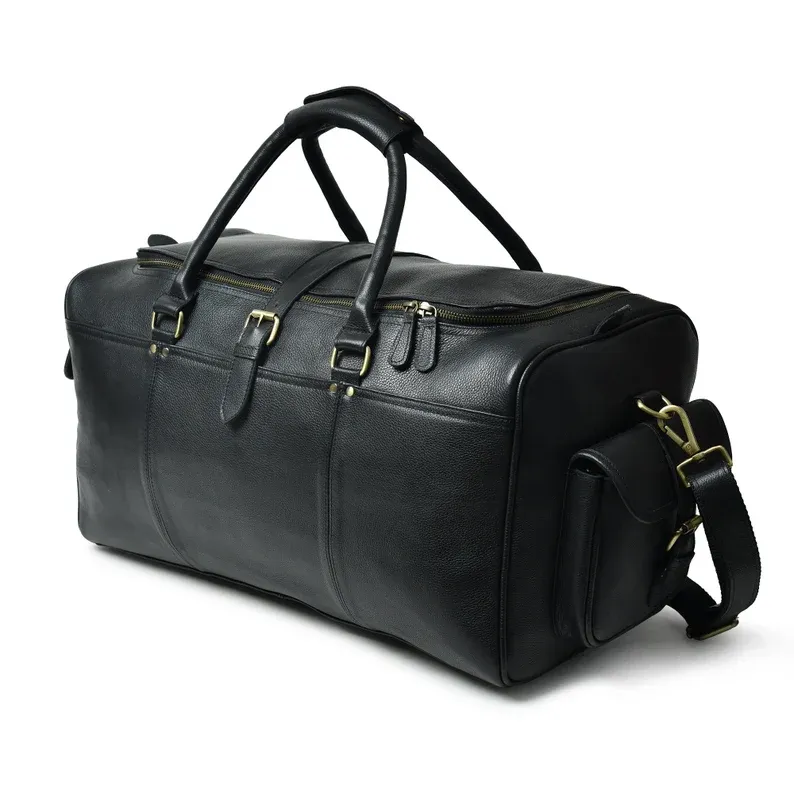 Black Leather Cowhide Weekender Bag