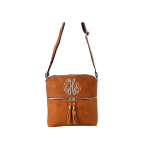 Camel brown double tassel zipper Monogrammed Cross body