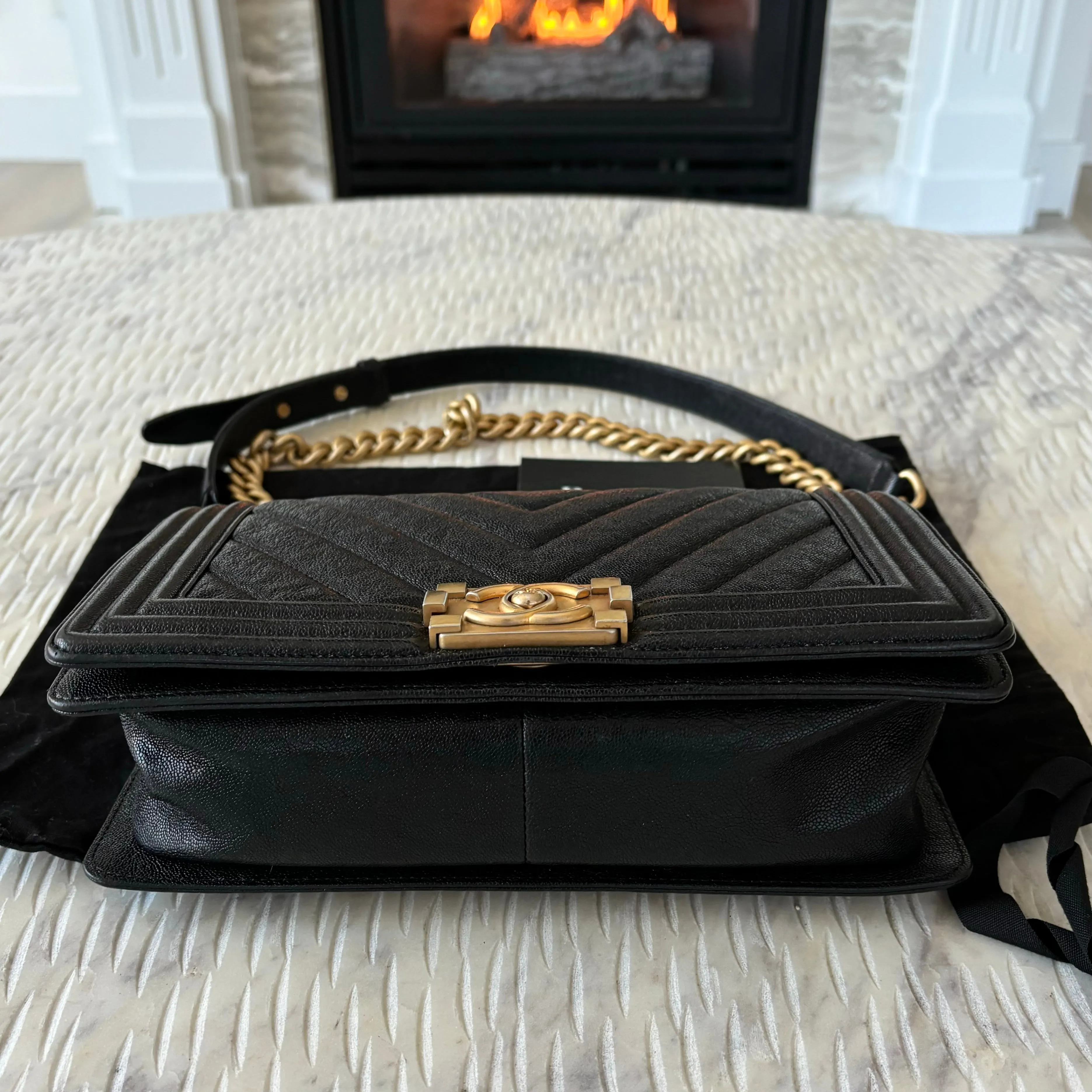 Chanel Boy Flap Bag Chevron Caviar Old Medium