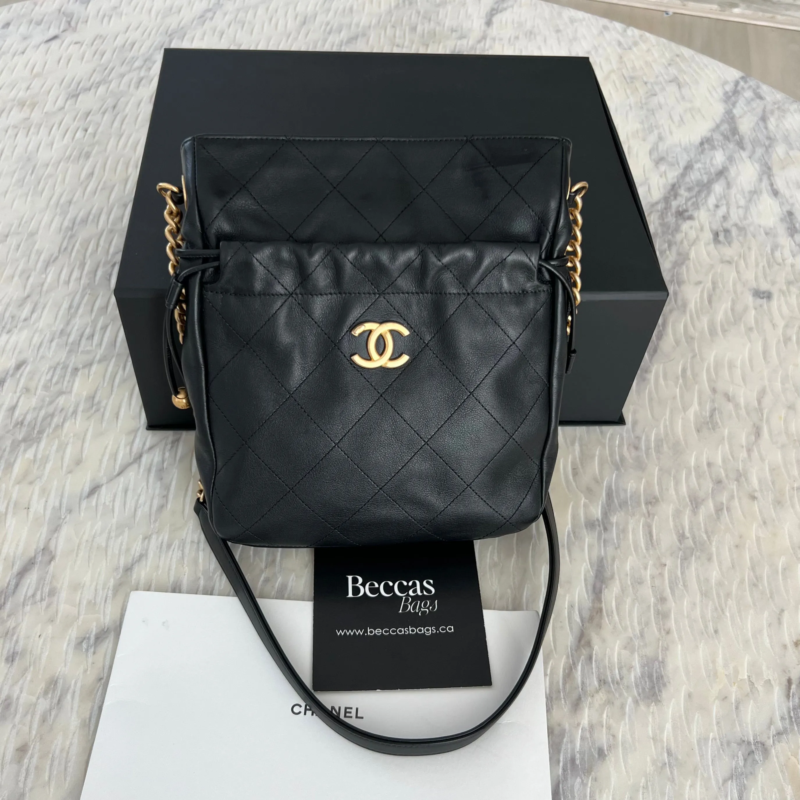 Chanel Calfskin Quilted Drawstring Bucket Bag