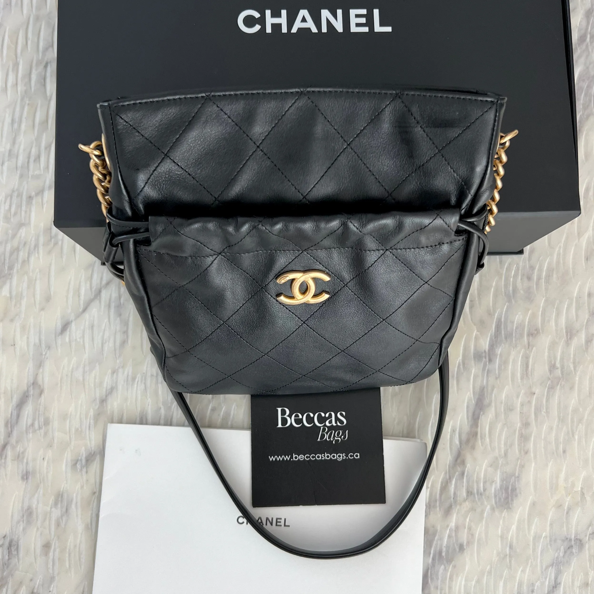 Chanel Calfskin Quilted Drawstring Bucket Bag