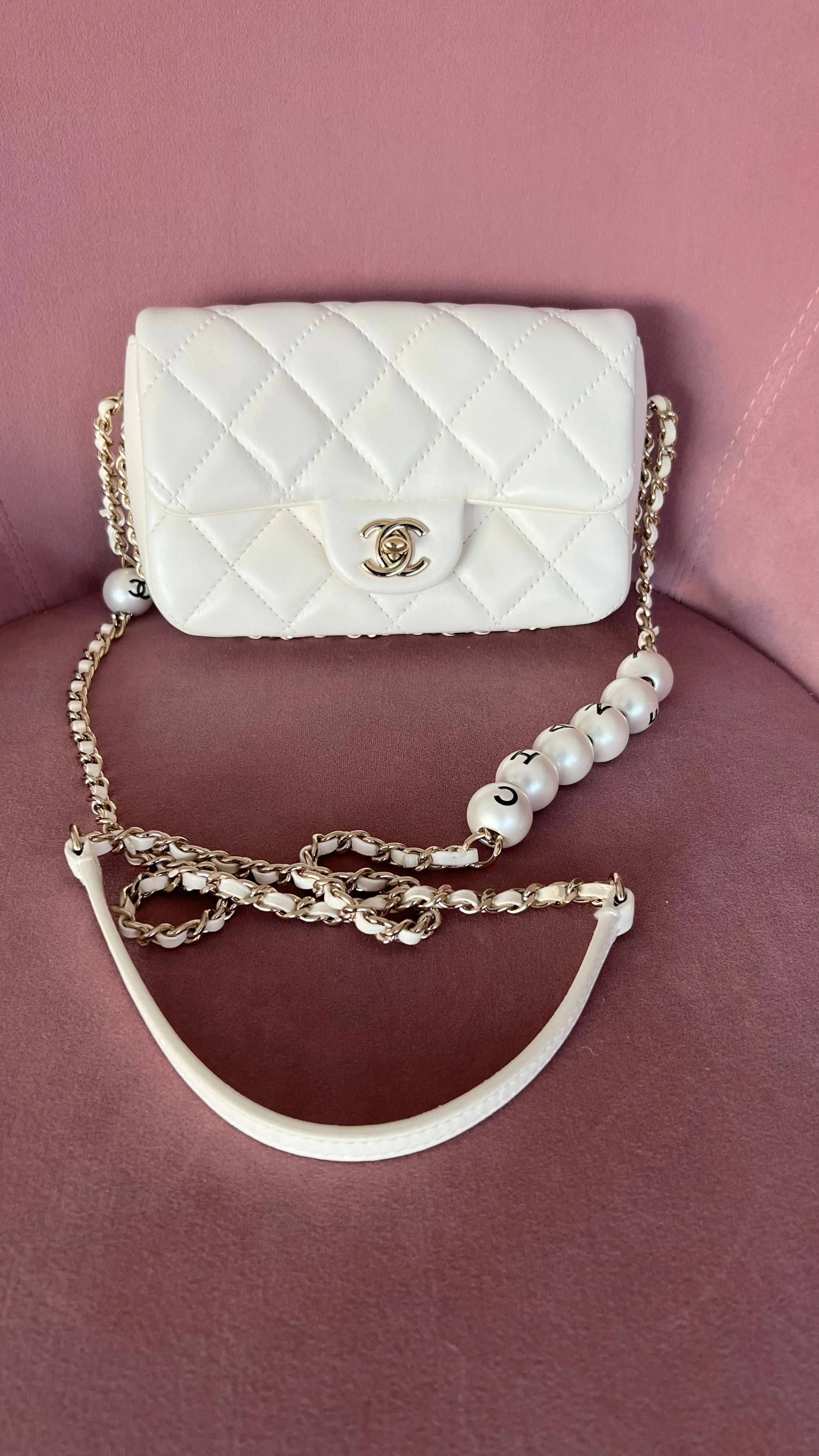 Chanel Logo Pearl Chain Bag