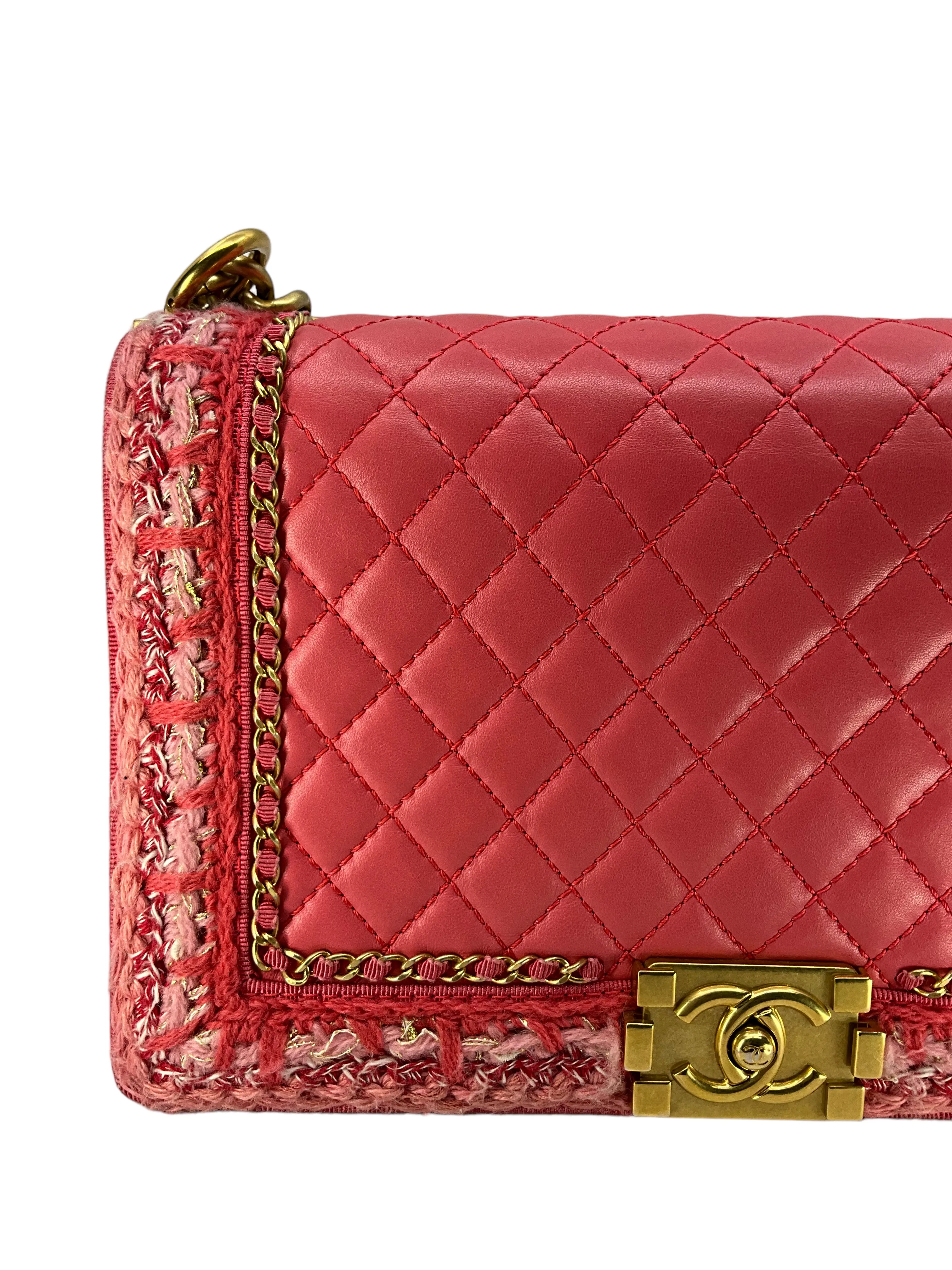 Chanel Pink Quilted Lambskin Boy Bag With Tweed Size M