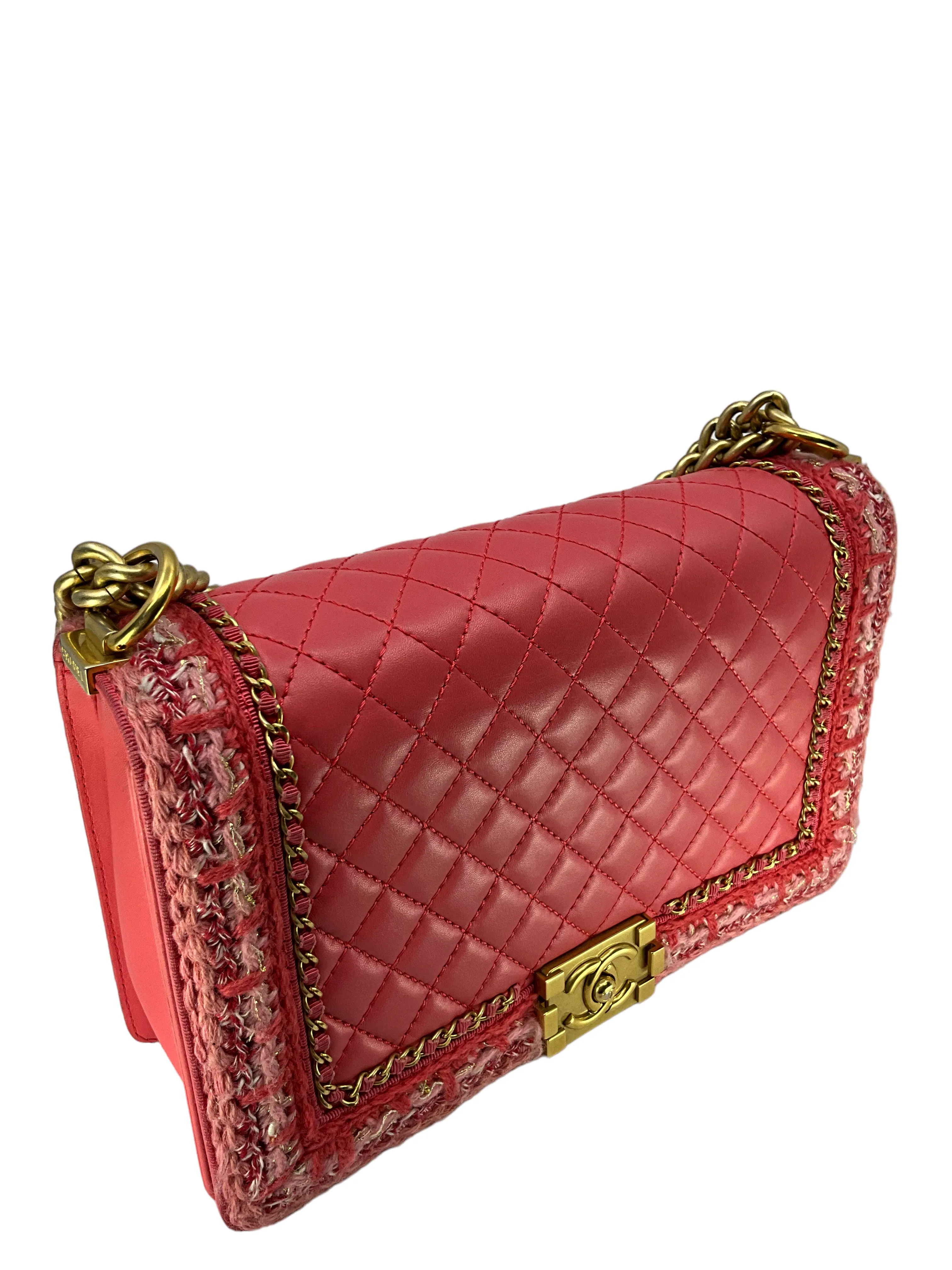 Chanel Pink Quilted Lambskin Boy Bag With Tweed Size M