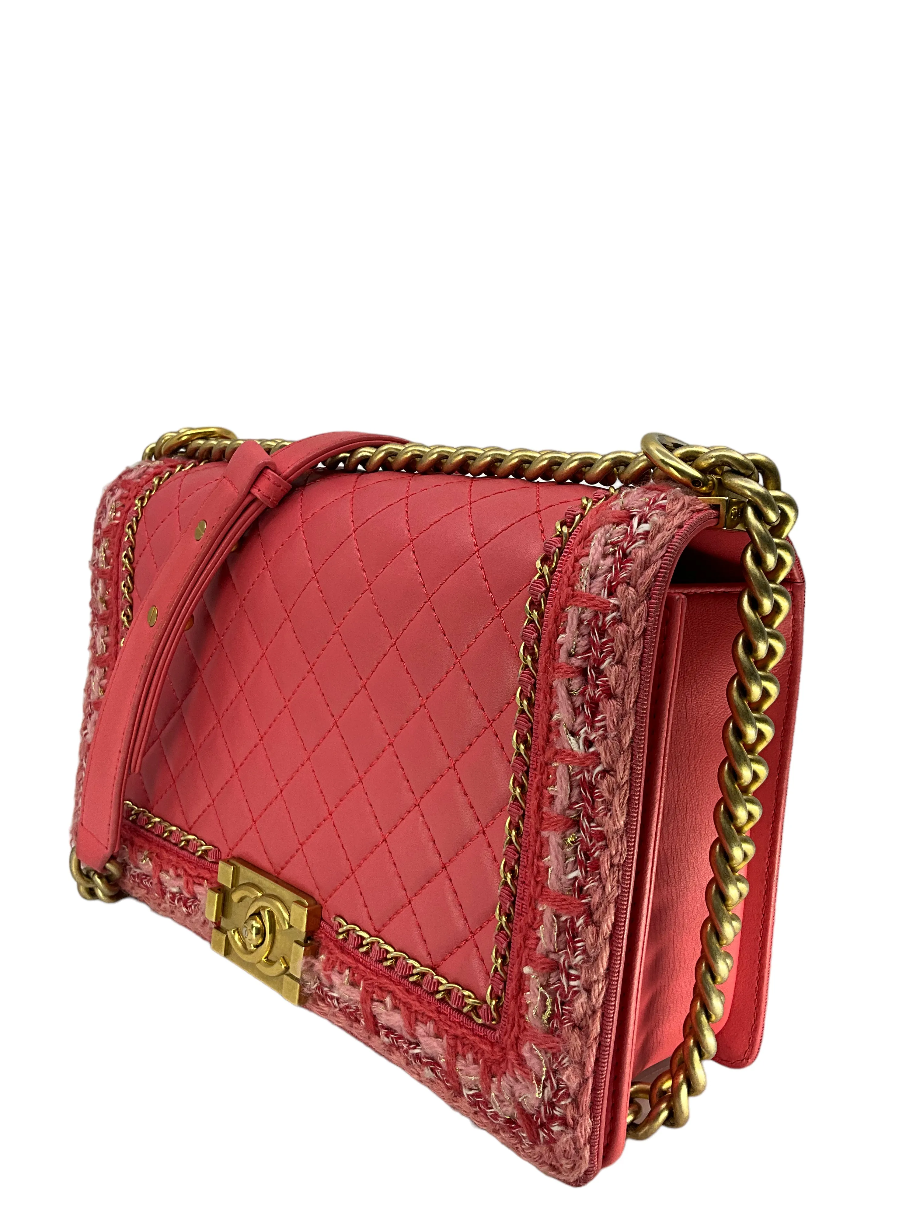 Chanel Pink Quilted Lambskin Boy Bag With Tweed Size M