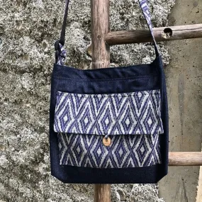 Denim Tote Bag with Blue Ikat Print