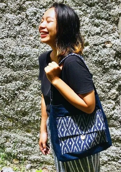 Denim Tote Bag with Blue Ikat Print