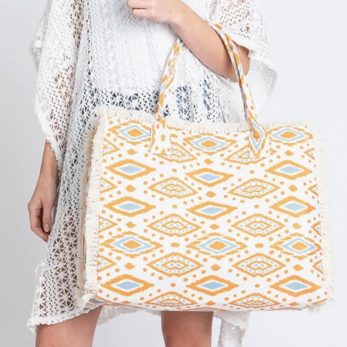 Esmee Boho Pattern Fringe Orange Tote Bag