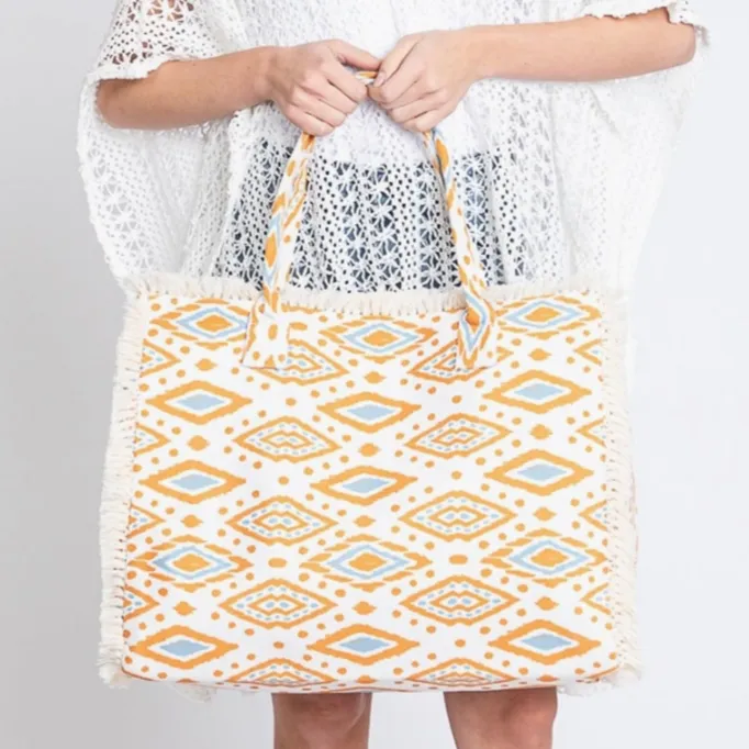 Esmee Boho Pattern Fringe Orange Tote Bag