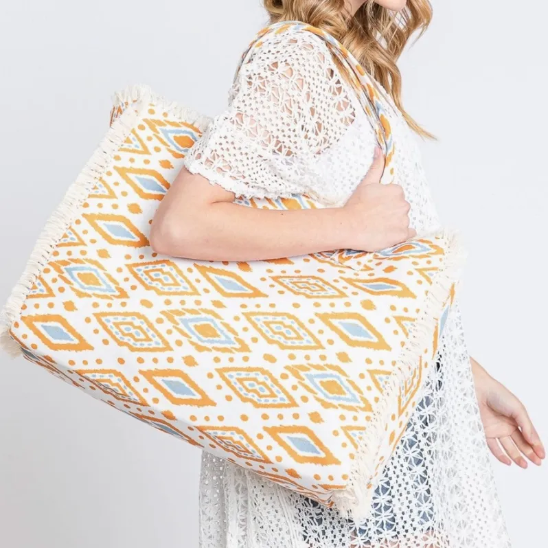 Esmee Boho Pattern Fringe Orange Tote Bag