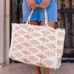 Esmee Boho Pattern Fringe Orange Tote Bag