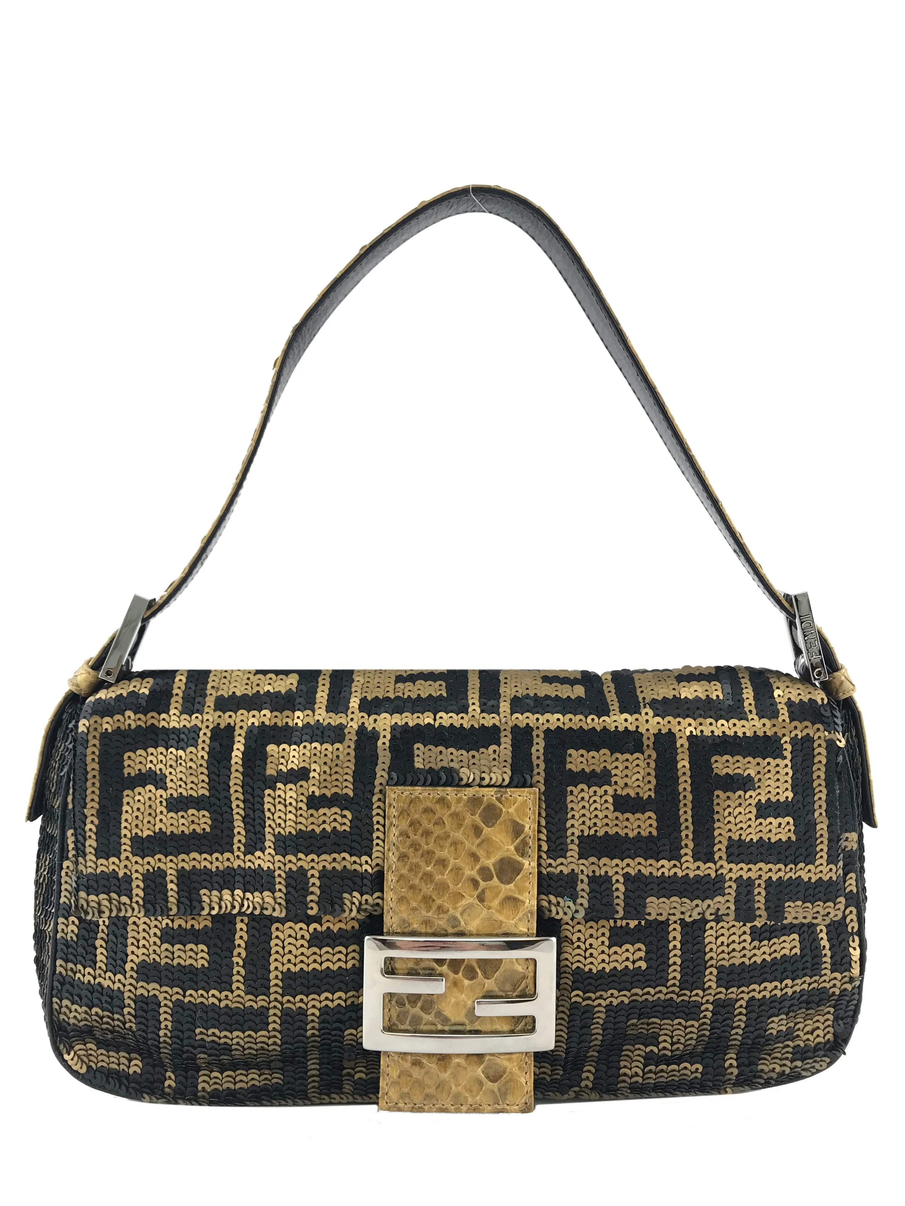 Fendi FF Sequin Snakeskin Baguette Shoulder Bag