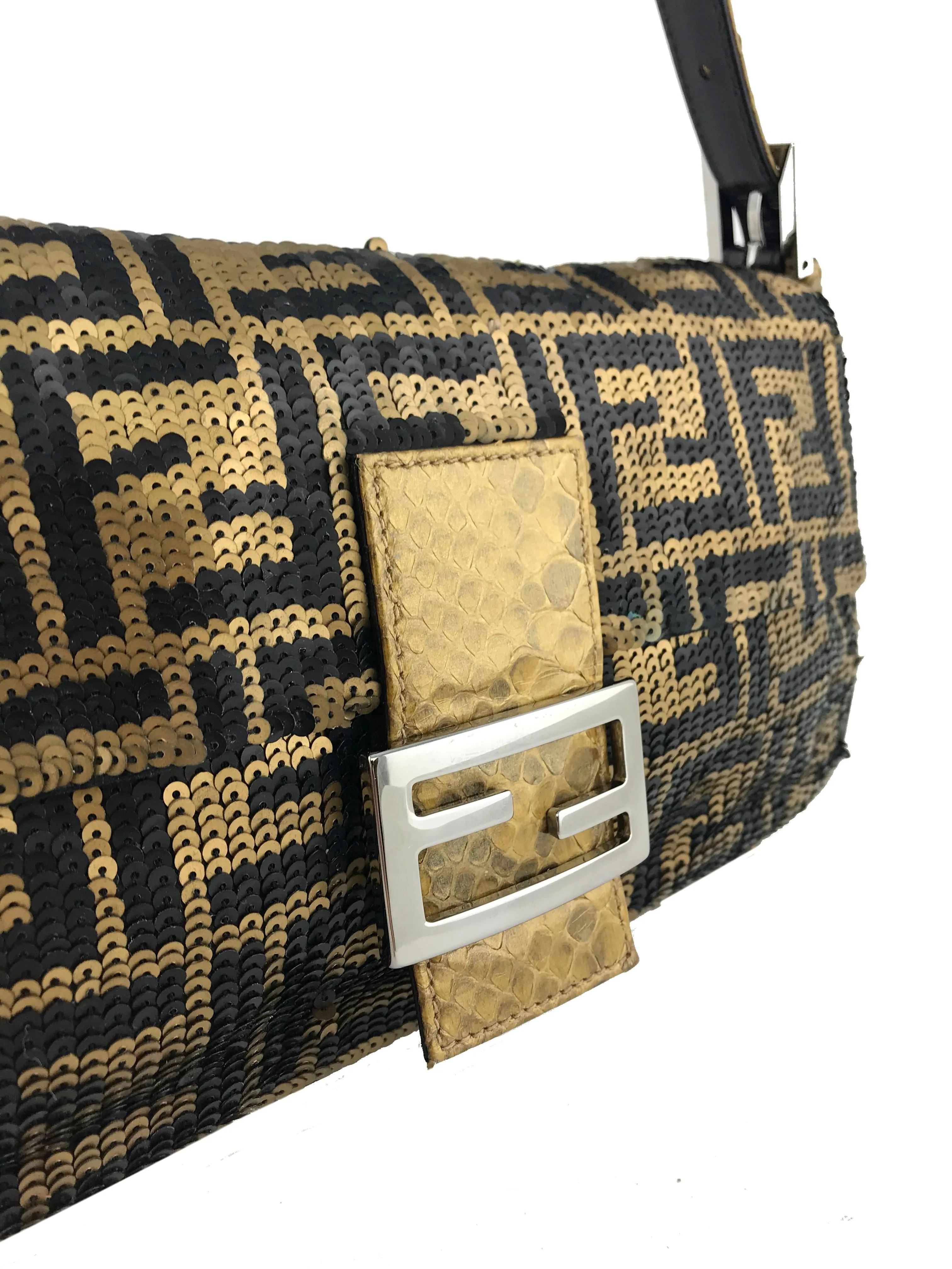 Fendi FF Sequin Snakeskin Baguette Shoulder Bag