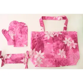 Foldable Hawaiian Print Shopping Bag, Mitten, Mask Set | Pink Tiare