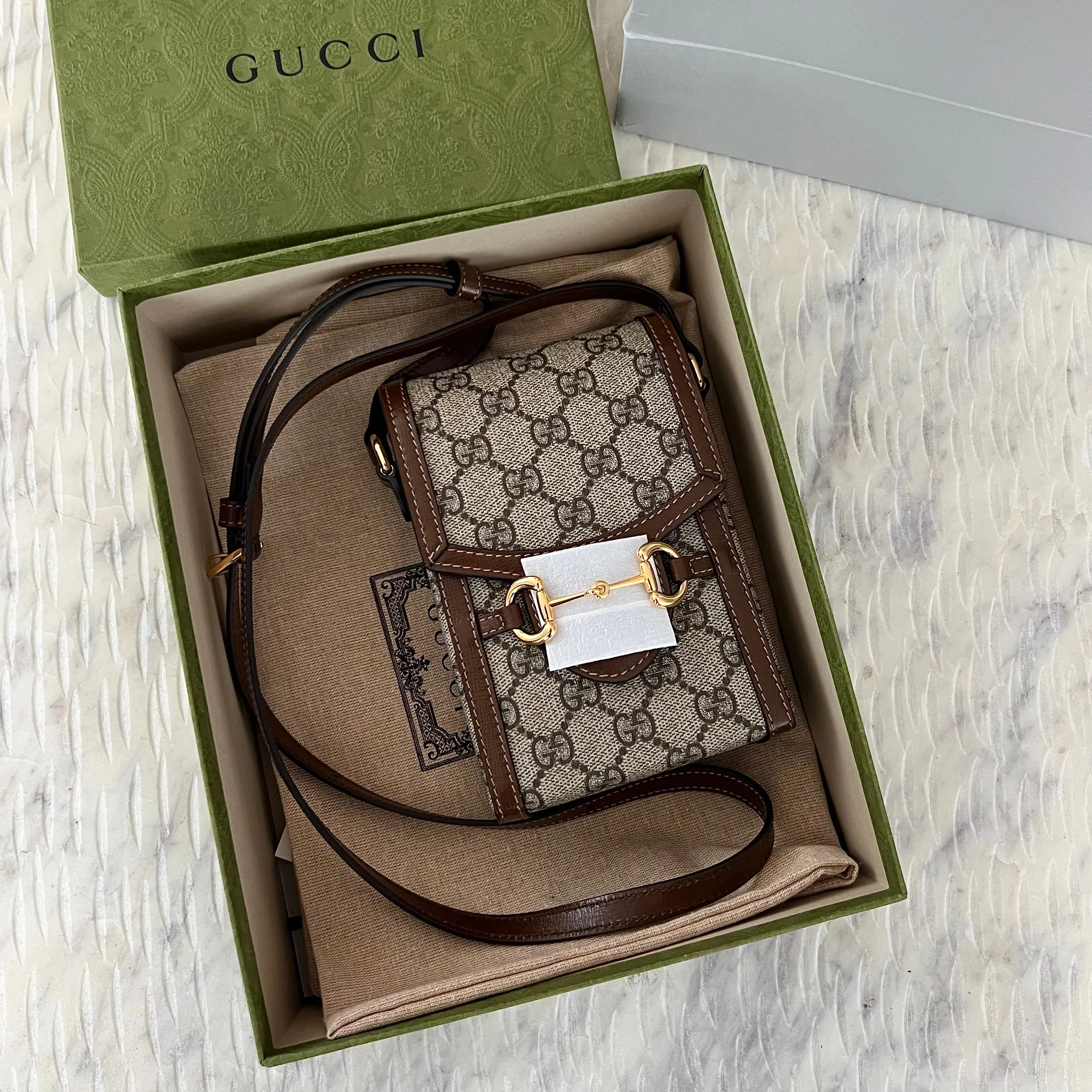 GUCCI Brown GG Supreme 'Gucci 1955' Horsebit Mini Bag