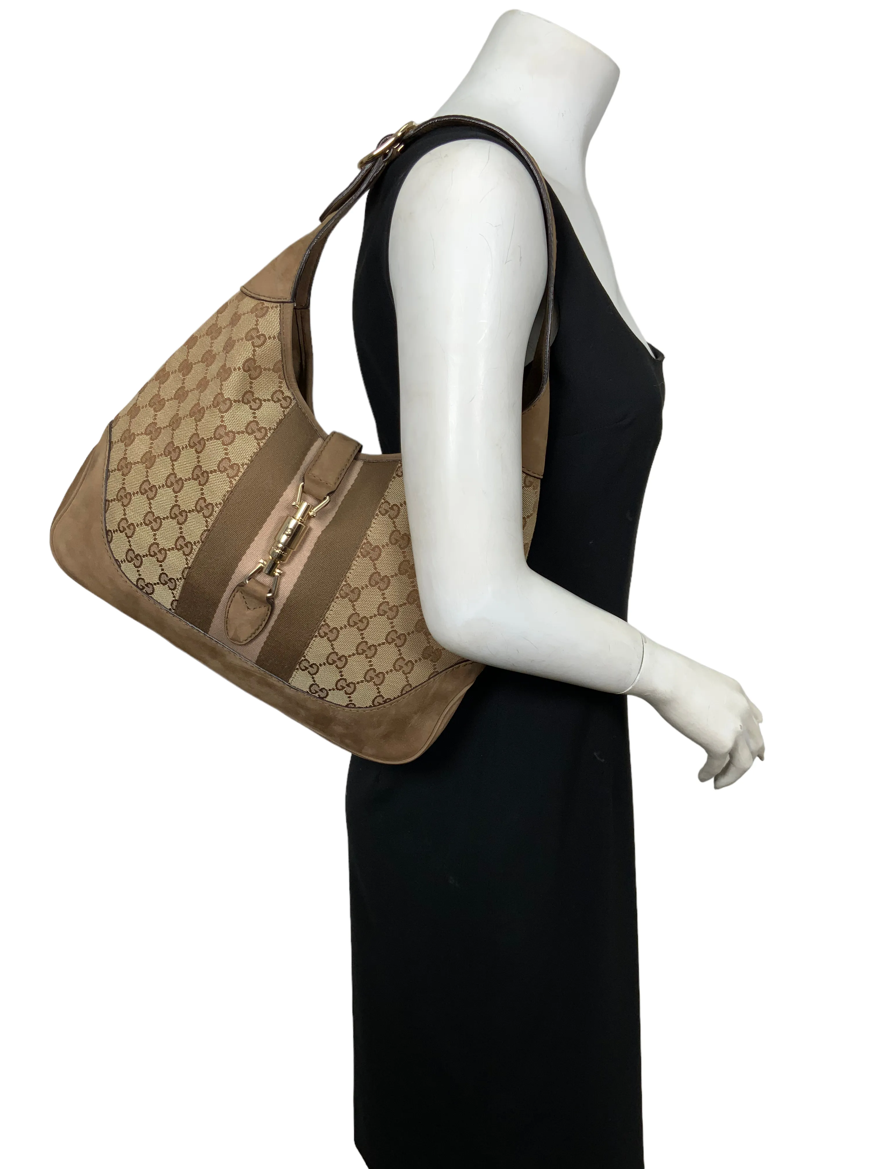 Gucci Monogram Canvas and Suede Medium Jackie O Hobo Bag