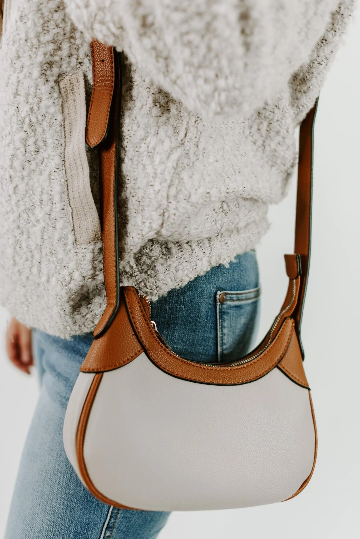 Half-Moon Vegan Leather Crossbody Bag in Taupe