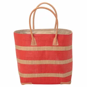 Raffia Coral Beach Stripe Tote with Leather Handle