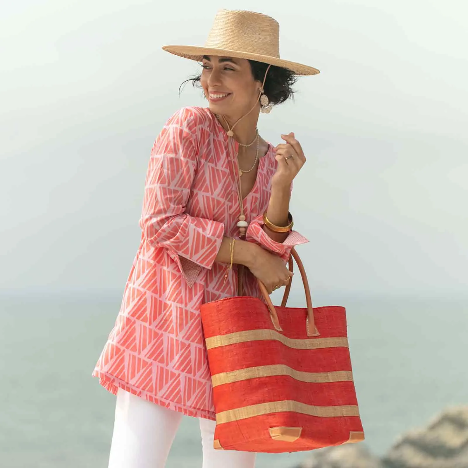 Raffia Coral Beach Stripe Tote with Leather Handle