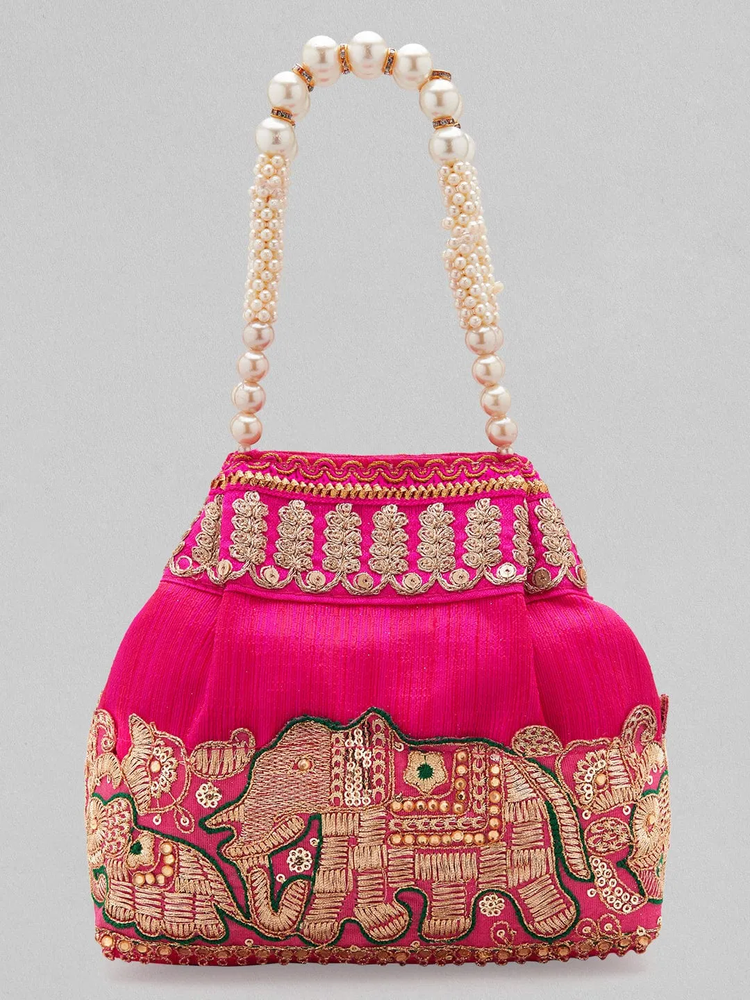 Elegant Pink Potli Bag with Luxurious Golden Embroidery Design