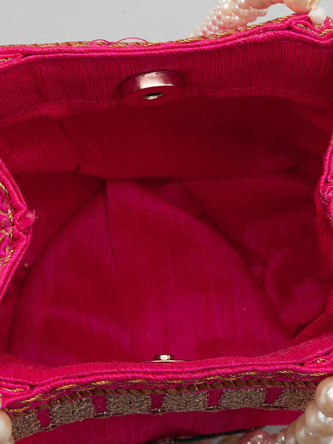 Elegant Pink Potli Bag with Luxurious Golden Embroidery Design