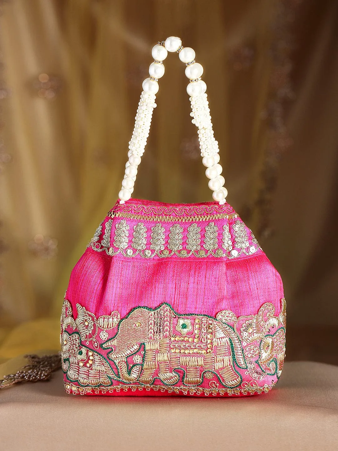 Elegant Pink Potli Bag with Luxurious Golden Embroidery Design