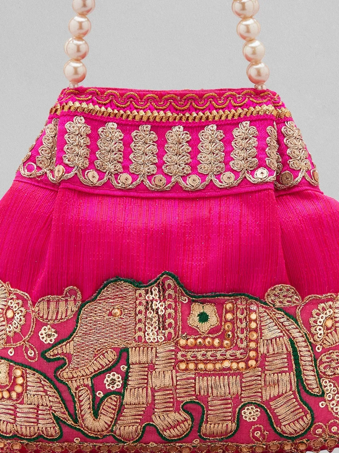 Elegant Pink Potli Bag with Luxurious Golden Embroidery Design