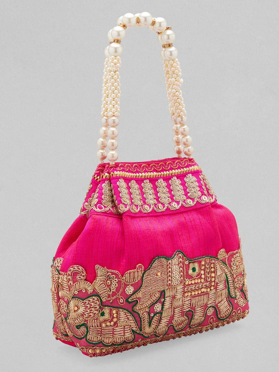 Elegant Pink Potli Bag with Luxurious Golden Embroidery Design