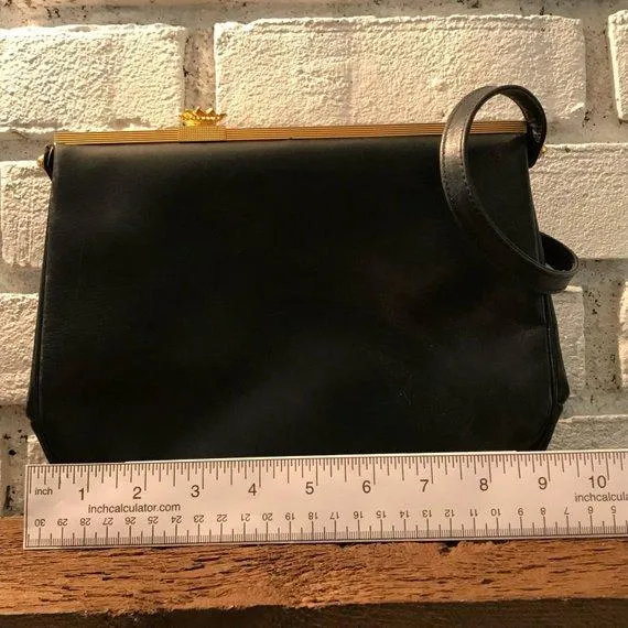 Vintage Black Leather Purse / Handbag by Koret. Gold Tone Hardware. 1950s Bag. Made in the USA.