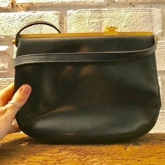 Vintage Black Leather Purse / Handbag by Koret. Gold Tone Hardware. 1950s Bag. Made in the USA.