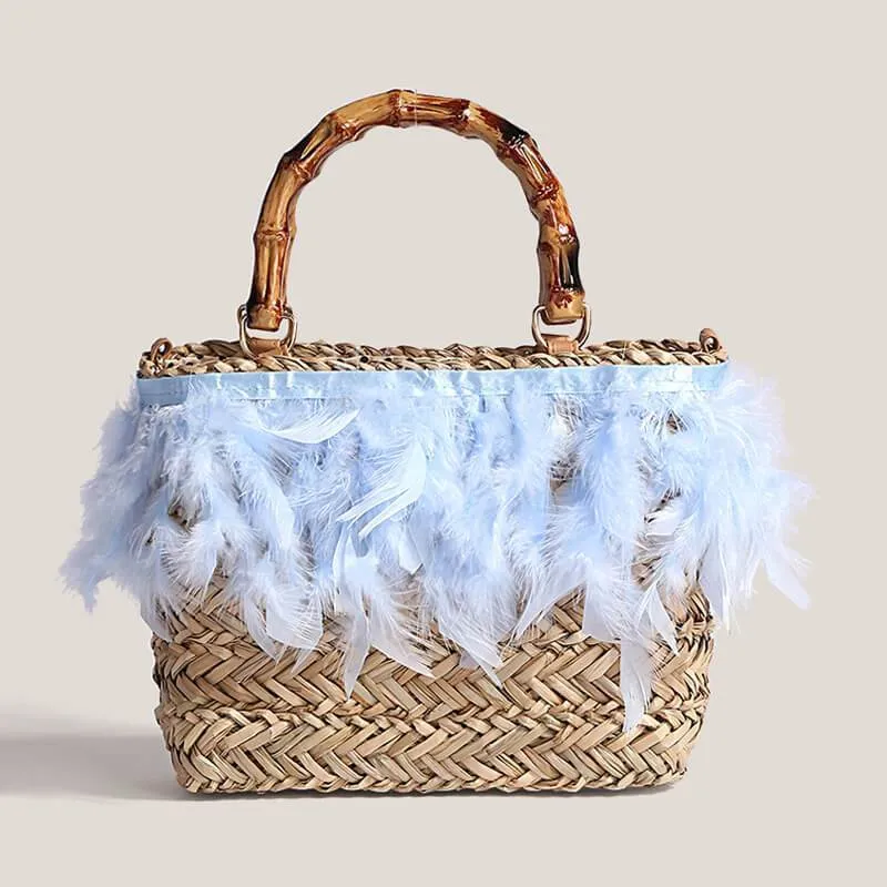 Women's Straw Bag Fashion Faux Feather Rattan Handbag