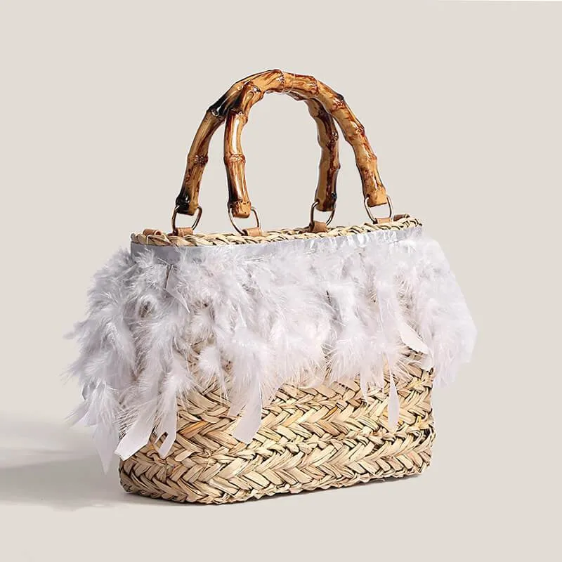 Women's Straw Bag Fashion Faux Feather Rattan Handbag